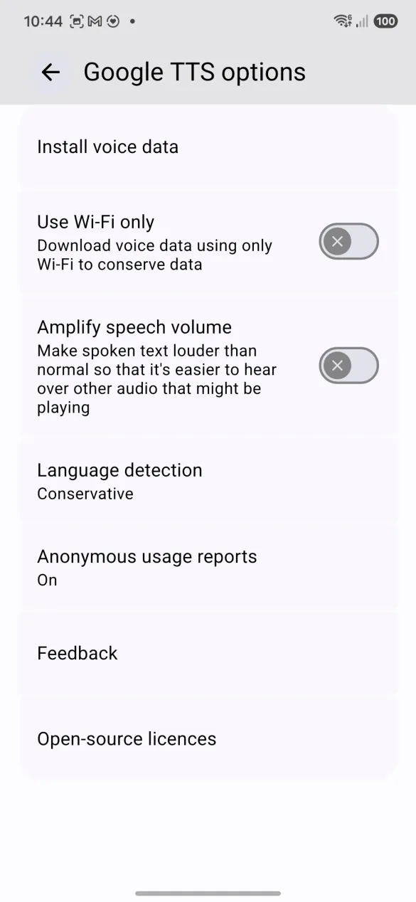 Google 文字转语音引擎的选项界面,安装语音数据包排在最上面